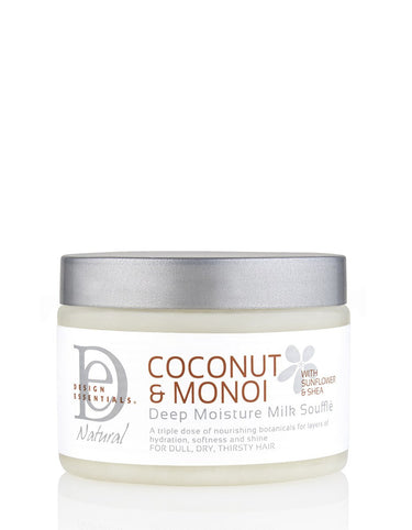 A jar of Design Essentials Coconut & Monoi Deep Moisture Milk Souffle, designed for hair care.